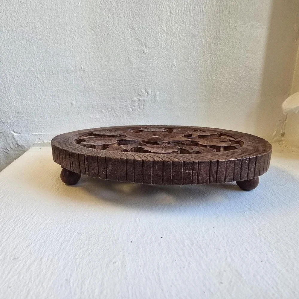 Vintage Hand Carved Wood Trivet Pair India Openwork Floral‎ Grape Leaf Hot Plate